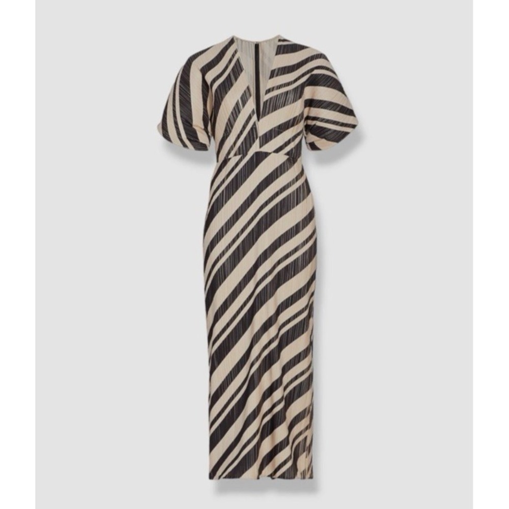 Lela Rose Beige Striped V-Neck Midi Sheath Dress Size 10 $1690